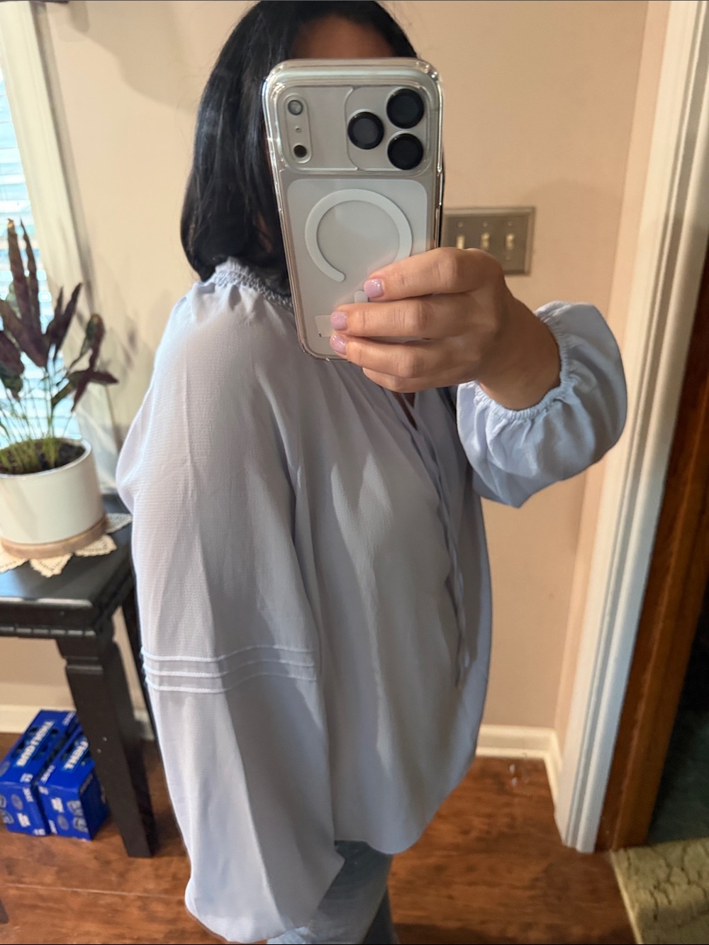 Elegant Light Blue Smocked Neck Blouse - Picture 13 of 15